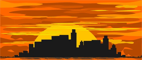 Stad bij zonsondergang — Stockvector