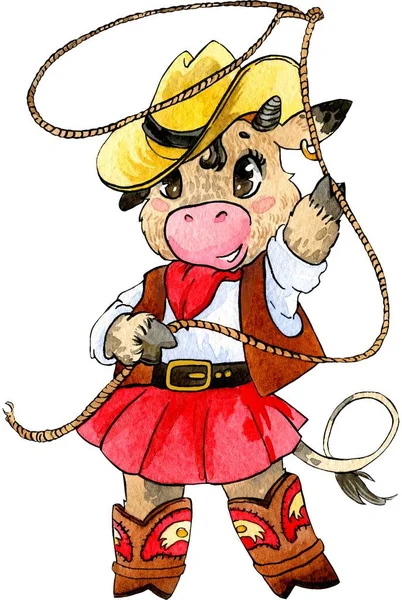 Bonito cowboy vaca com laço. Estilo dos desenhos animados. Trabalho em aquarela, feito à mão — Fotografia de Stock