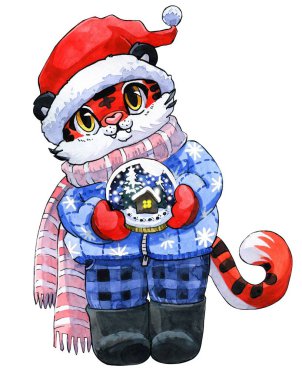 Güzel bir Noel kaplanı, 2022 'nin sembolü, yeni yıl kliması. Suluboya çizimi, el yapımı
