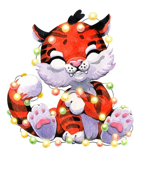 Mignon tigre de Noël, symbole de 2022, clipart du nouvel an. Illustration aquarelle, faite main — Photo