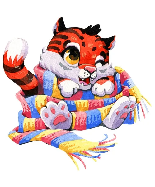 Cute christmas tiger, symbol of 2022, new year clipart. Watercolor illustration, handmade — Stock Photo, Image