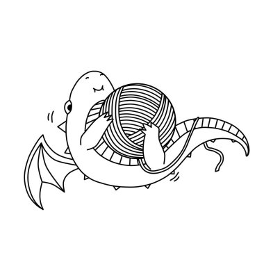 Yavru ejderha bir ip yumağıyla oynuyor. Bu resim boyama, çocuk kitapları, logolar, web siteleri, dergiler, baskılar için kullanılabilir.