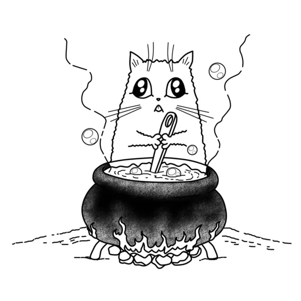 Cadı Kedi Poz Veriyor Resim Boyama Çocuk Kitapları Logolar Web — Stok fotoğraf