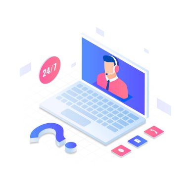 Müşteri hizmetleri 7 / 24 izometrik çizim konsepti. Web siteleri, iniş sayfaları, mobil uygulamalar, posterler ve afişler için resim.