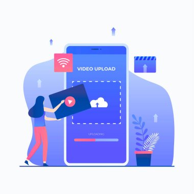 Düz illüstrasyon video yükleme kavramı. Web siteleri, iniş sayfaları, mobil uygulamalar, posterler ve afişler için resim.