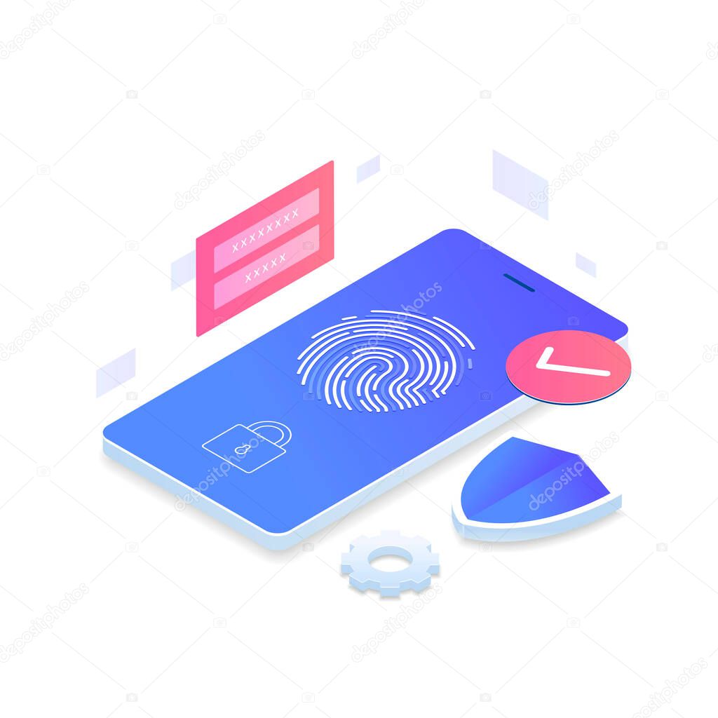 Fingerprint identity sensor isometric vector concept. Illustration for websites, landing pages, mobile applications, posters and banners.