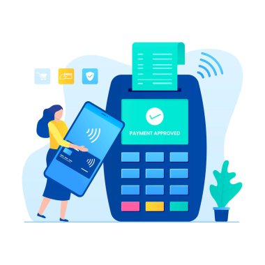 Kadın karakterli temassız ödeme çizimi konsepti. Web siteleri, iniş sayfaları, mobil uygulamalar, posterler ve afişler için resim