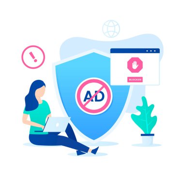 Reklam engelleme yazılım vektörü konsepti. Web siteleri, iniş sayfaları, mobil uygulamalar, posterler ve afişler için resim
