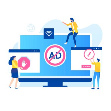 Adblock illüstrasyon vektörü konsepti. Web siteleri, iniş sayfaları, mobil uygulamalar, posterler ve afişler için resim