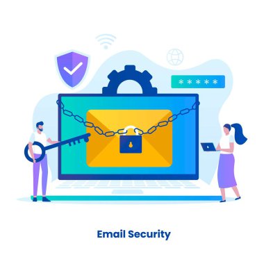 E-posta koruma konseptinin düz tasarımı. Web siteleri, iniş sayfaları, mobil uygulamalar, posterler ve afişler için resim.