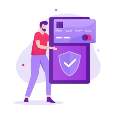 Güvenli ödeme illüstrasyonunun düz tasarımı. Web siteleri, iniş sayfaları, mobil uygulamalar, posterler ve afişler için resimler.