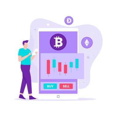 Kripto para ticareti illüstrasyon konsepti. Web siteleri, iniş sayfaları, mobil uygulamalar, posterler ve afişler için resim.