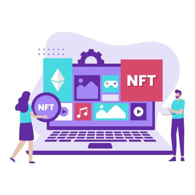 Nft şifreleme sanatının düz tasarımı. Web siteleri, iniş sayfaları, mobil uygulamalar, posterler ve afişler için resim