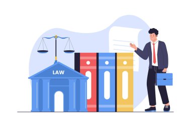 Illustration of Law Firm and Legal Consulting. Attorney Standing by a Court Building and Legal Documents