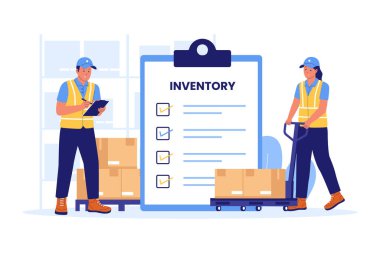 Depo Envanter Yönetimi ve Stok Kontrolü Kontrol Listesi. Verimli Lojistik Süreç İçin Depo 'da Denetim ve İzleme Malzemeleri Yapan İşçiler
