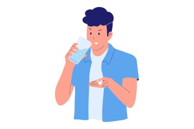 İlaç ve ilaç almanın bir yansıması. Bir adam reçeteli ilacı bir bardak suyla alıyor. Hap almayı ve tedaviye devam etmeyi gözünde canlandırıyor.,