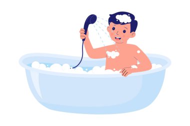 Çocuk Banyo Yapıyor ve Günlük Hijyen Yapıyor. Bir çocuk, çocuklar için günlük duş, temizlik ve kişisel hijyen rutininin önemini temsil eden kabarcıklarla dolu bir banyonun keyfini çıkarırken görülüyor.