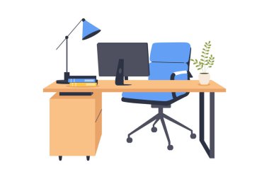 Dolap ve Ergonomik Başkanla Minimalist Çalışma Masası. Profesyonel bir minimalist masa düzeninin, ergonomik bir sandalyenin, bir depo dolabının ve bir saksı bitkisinin çizimi, şirket için uygun.