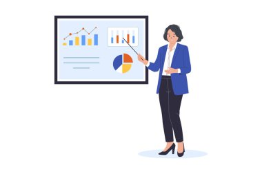 Veri Sunumu ve İş Analizi. Bir iş kadını sunum ekranındaki çizelge ve grafiklere işaret ediyor, veri analizi, stratejik planlama, finansal raporlama