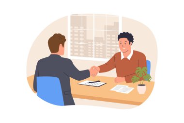 İş Antlaşması ve Ortaklık Tokalaşması. İki profesyonel iş adamı, bir iş anlaşmasının ve ortaklığın kesinleşmesini simgeleyen bir belgeyle masanın üzerinde el sıkışıyor.