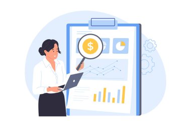 Mali Denetçi ve Veri Analizi. Bir kadın profesyonel, mali denetimi, veri analizini ve iş denetimini sembolize eden bir grafiğin üzerinde büyüteç kullanır.