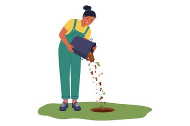 Biopore sızma deliklerini organik atık resimleriyle dolduran kadın. Suyun emilimine ve toprak verimliliğine yardımcı olmak için yerdeki bir deliğe organik atık döken bir kadını gösteren bir resim.