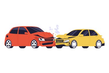 İki araba kazası ve araç sigortası tazminatı talebi illüstrasyonu. Duman ve hasar görmüş iki aracın yer aldığı bir araba kazasının görsel temsili.