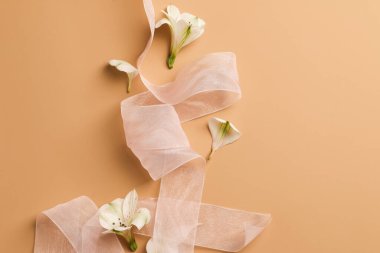 Çiçekli ve bej arkaplanlı pembe kurdeleli yumuşak bembeyaz bir kompozisyon. İlkbahar yaz doğal kartpostal, çerçeve, metin için boşluk, üst görünüm kavramını kabul et.