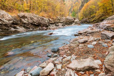 Belaya nehri yatağı Rusya 'daki Adygea Cumhuriyeti' nde derin bir vadinin, kanyonun dibinde.
