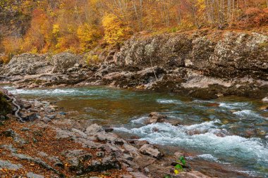 Belaya nehri yatağı Rusya 'daki Adygea Cumhuriyeti' nde derin bir vadinin, kanyonun dibinde.