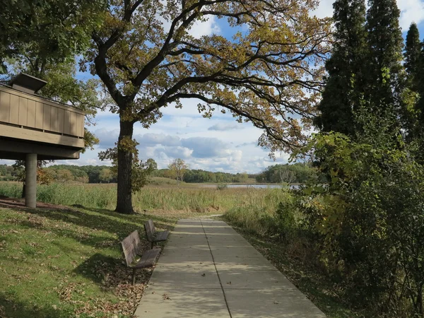 Camino hacia el área de humedales a principios de otoño en el Parque Estatal Moraine Hills en Illinois — Foto de Stock