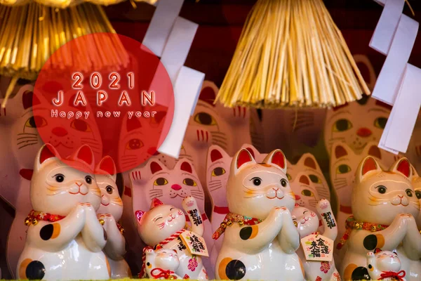 Japonês Felizardo Gato Fez Cartão Felicitações Happy New Yea — Fotografia de Stock