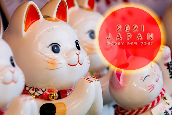 Japonês Felizardo Gato Fez Cartão Felicitações Happy New Yea — Fotografia de Stock
