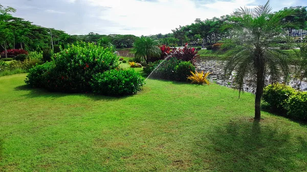 Spruzzatore Acqua Che Lavora Sul Giardino — Foto Stock