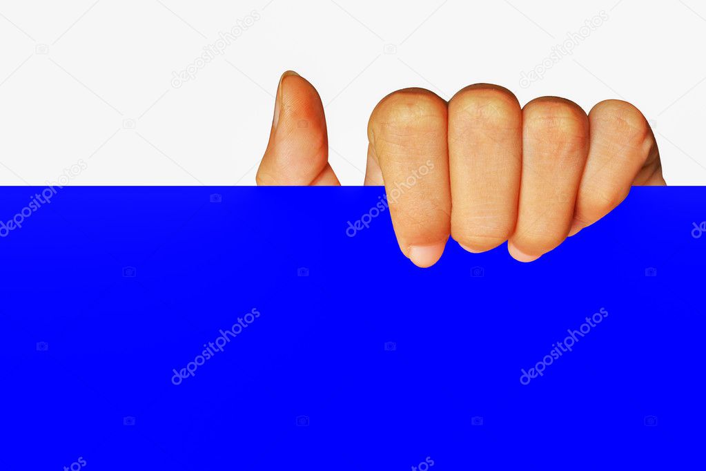 teenage girl hand holding blank blue board paper business presen