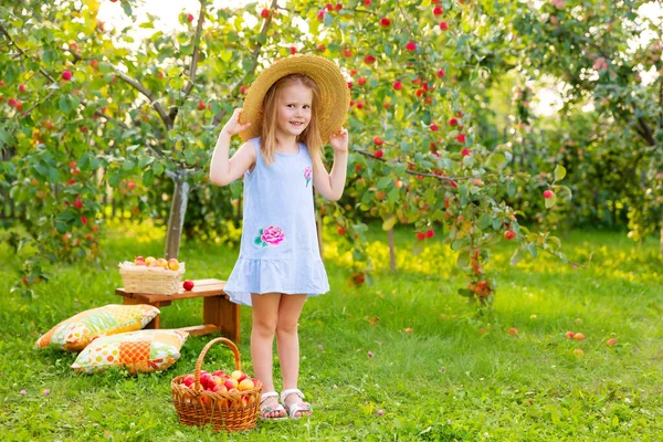 Porträt Von Kindern Einem Apfelgarten Das Kleine Mädchen Mit Strohhut — Stockfoto