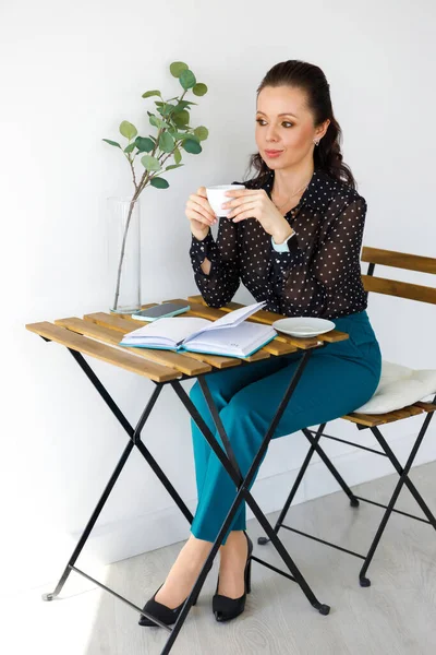 Portrait Beautiful Woman Black Blouse Cup Brunette Smiles Holds White — Stock Photo, Image