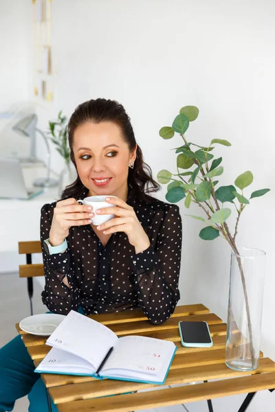 Portrait Beautiful Woman Black Blouse Cup Brunette Holds White Mug — Stock Photo, Image