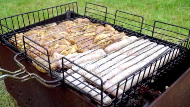 Carne și cârnați sunt gătite pe grătar în aer liber în natură — Videoclip de stoc