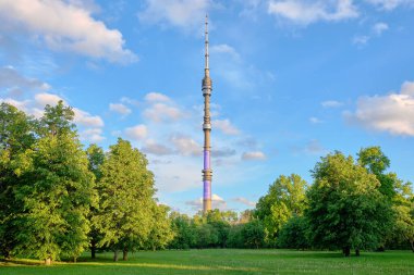 Moskova - 3 Haziran 2017: Şehir parkının gündüz manzarası. Mavi gökyüzü arka planına karşı 
