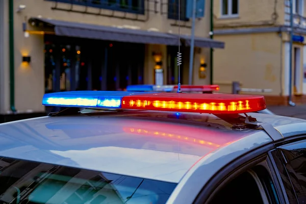 Red Blue Flashing Lights Police Car Evening Street — Stock Photo, Image