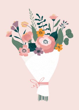 Vektör tebrik kartı. Pembe arka planda bir buket yabani çiçek.