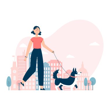 Vektör çizimi. Sokakta tasmalı köpek gezdiren kız