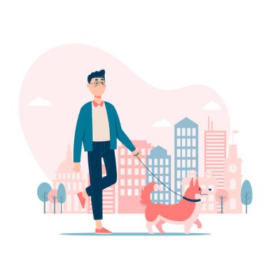 Vektör çizimi. Sokakta tasmalı köpeği gezdiren çocuk.