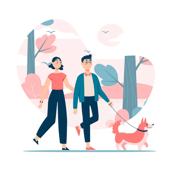 Ilustração Vetorial Casal Cão Passeio Coleira Parque — Vetor de Stock