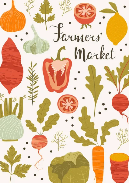 野菜農家の市場ポスター 手描きベクトルイラスト — ストックベクタ