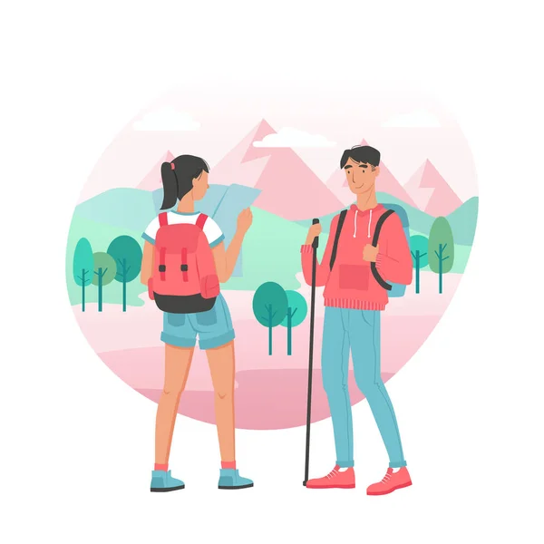 Traveling Couple Young Man Woman Hiking Vector Characters Design — Stock Vector