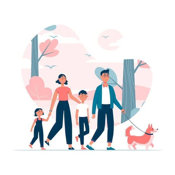 Vektorillustration Glückliche Familie Mit Zwei Kindern Hund Der Leine Park Stockvektor