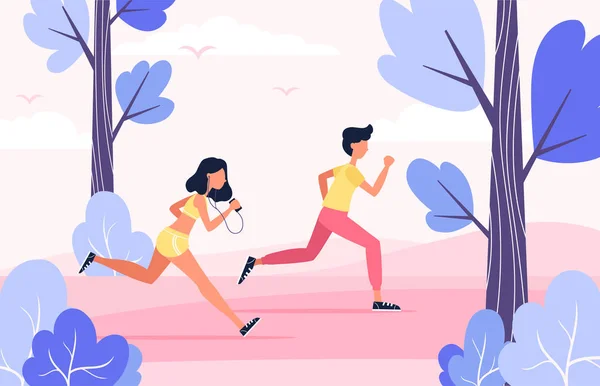 Vektorillustration Platt Teckendesign Par Joggar Parken — Stock vektor