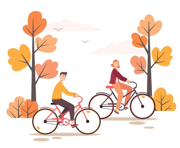 Vector Illustration Young Couple Riding Bicycles Forest — Stock Vector